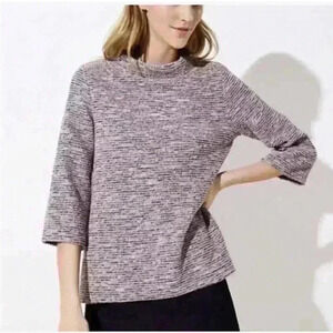Loft Women Sweater Size M Pink Boucle Tweed Knit 3/4 Sleeve Mock Turtleneck
